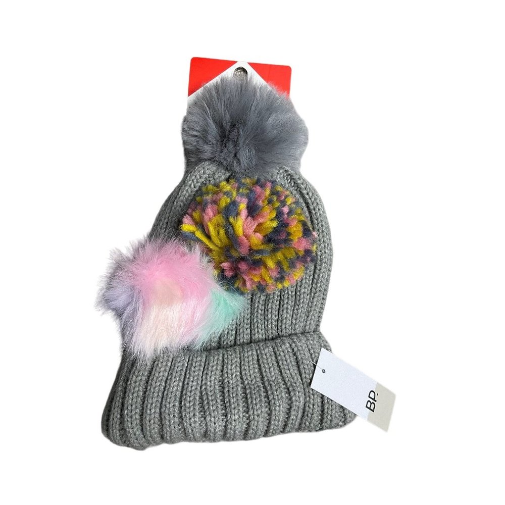 BP Hat Youth Kids Pick A Pom Gray Chunky Nit Beanie Cap Pink Tie Dye Colorful